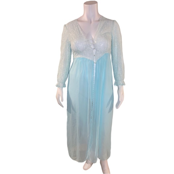 Vintage Sleepwear Sugar Plum Large Light Blue Gown Chemise Lace Fly Away Front - Picture 3 of 16